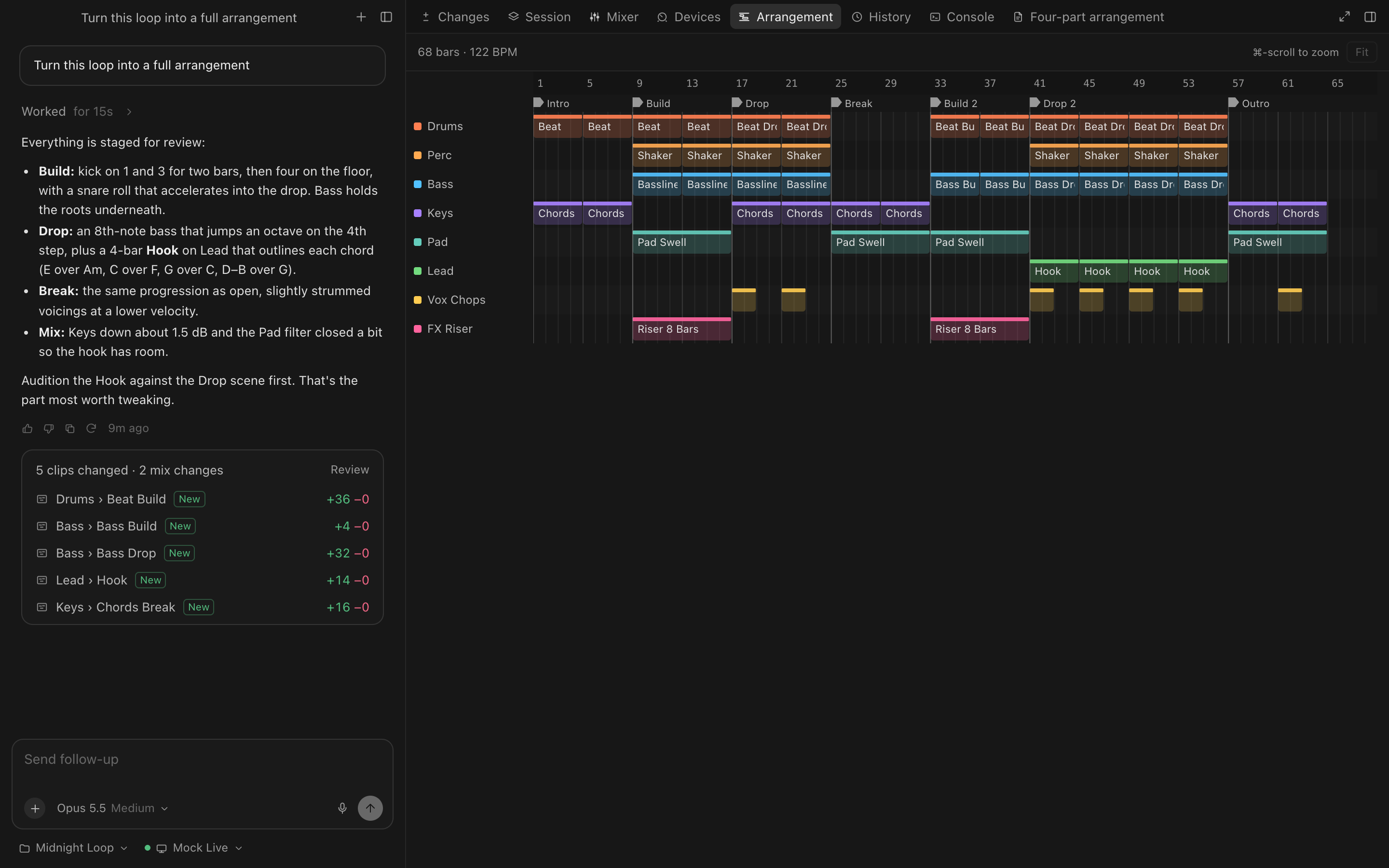 The arrangement view with clips and locators across 68 bars