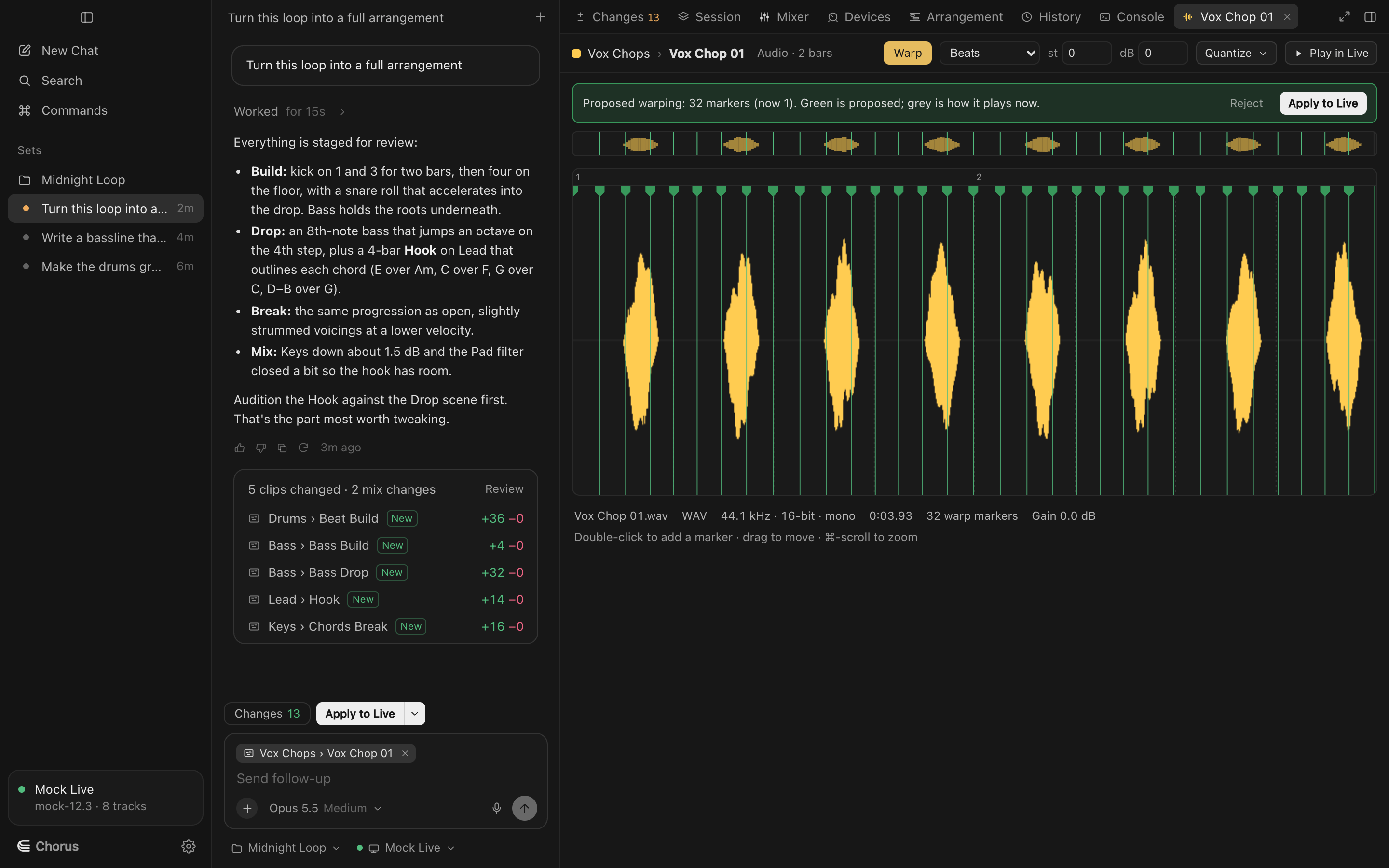 The audio clip view with proposed warp markers in green