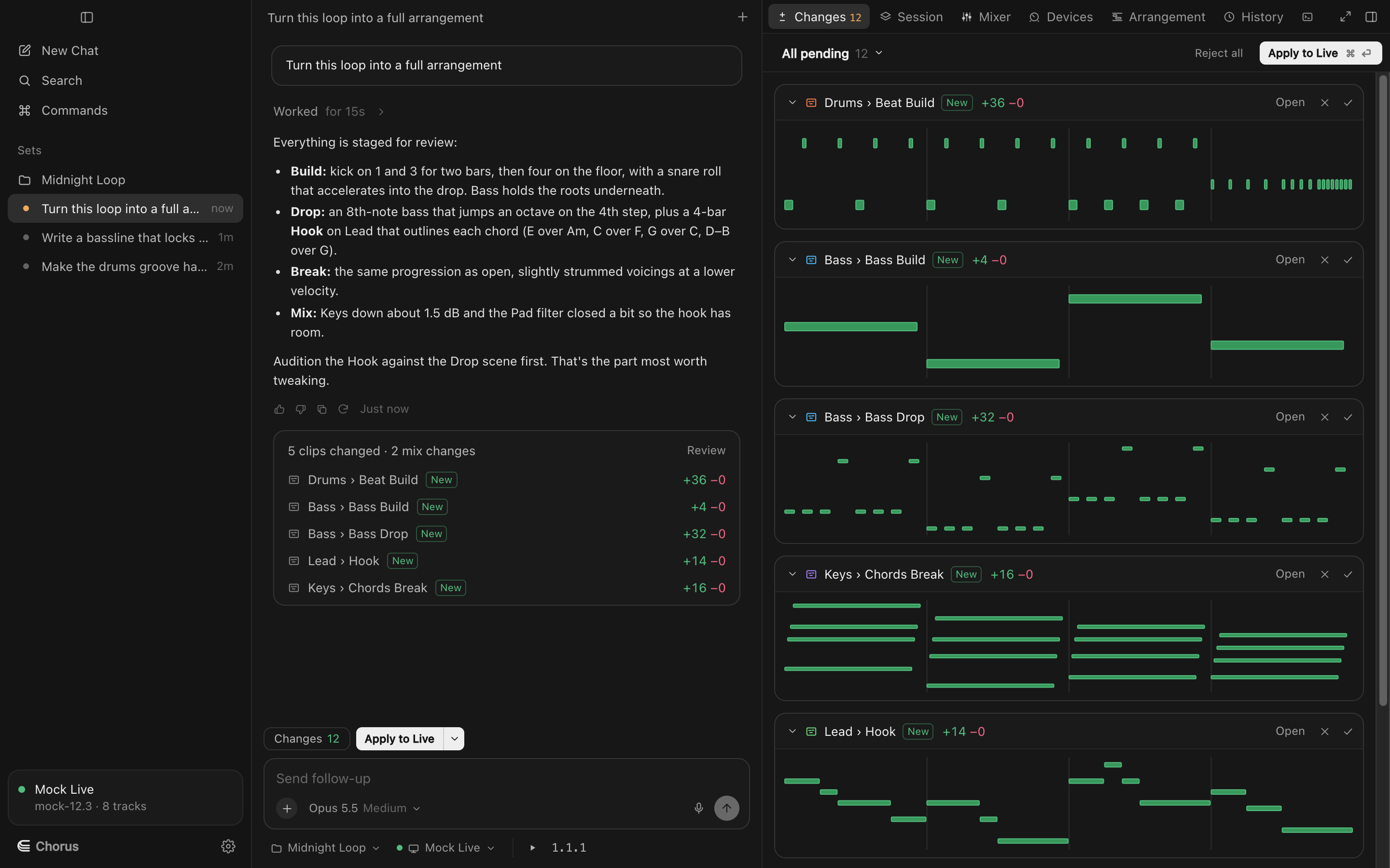 The Changes panel with several proposed clips stacked as diffs