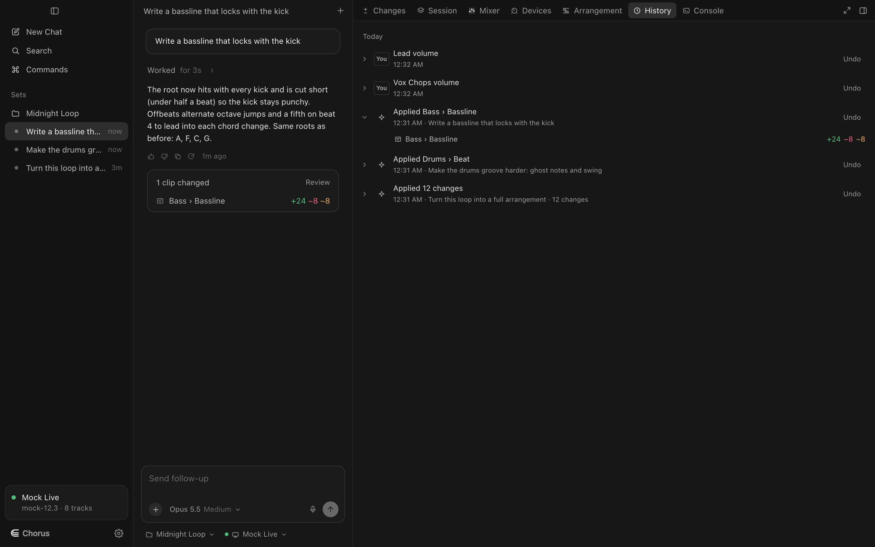 The History panel listing applied changes with undo